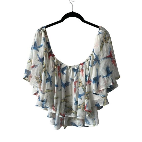 Molly Bracken Tops - Molly Bracken Off The Shoulder Birds Print Ruffles Cropped Top White Blue XS